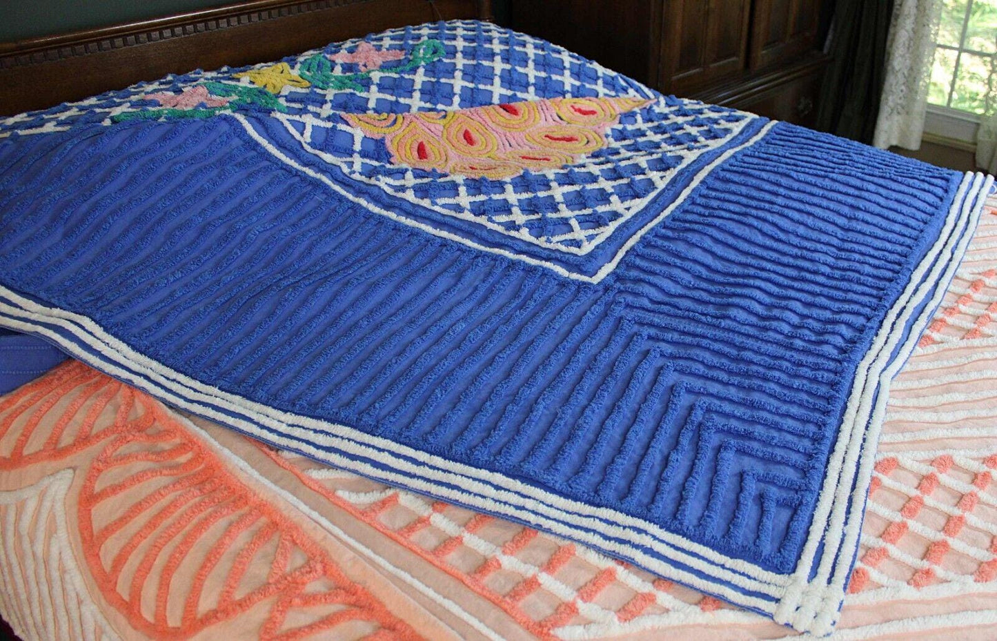 Royal Blue Vintage Peacock Chenille Bedspread, Bold Tropical Floral Colors, FULL Sz