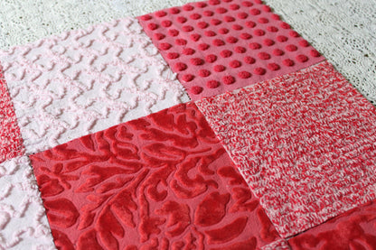 Cupid's Kisses Chenille & Velvet Craft Squares Set from Vintage Bedspread Fabric, 16 Blocks, 6" inch in Pink, Red