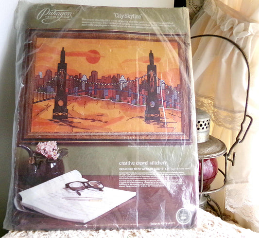 CITY SKYLINE Vintage Paragon Crewel Embroidery Stitchery Kit 0634, 1970s Retro Landscape Design by Joyce Levitt