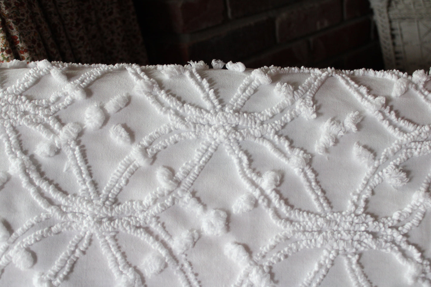 Traditional White Vintage Chenille Fabric in Classic Wedding Ring Pops Design, 20" x 25" Inch Piece, Versatile in Pillows, Quilts & Crafts