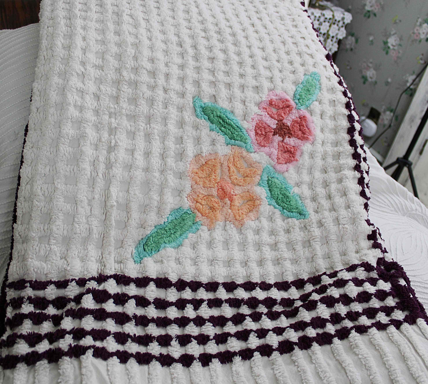 Simple Plush White Vintage Chenille Bedspread, Tropical Flowers on Waffle Tufts, Full Size