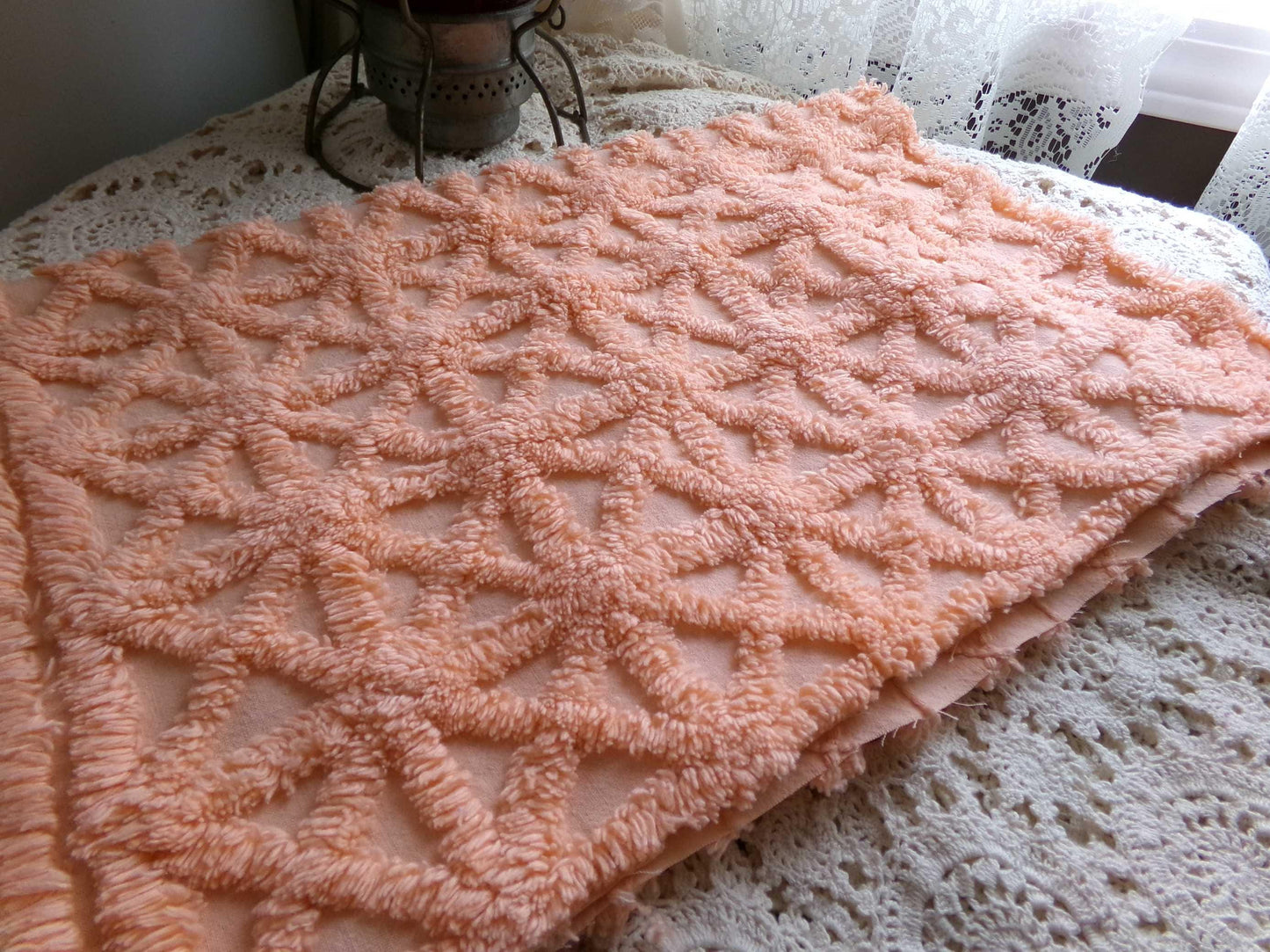 Twinkle Little Star Vintage Chenille Fabric, Plush Peach Glow Sewing & Quilting Material, 19" x 23" inches