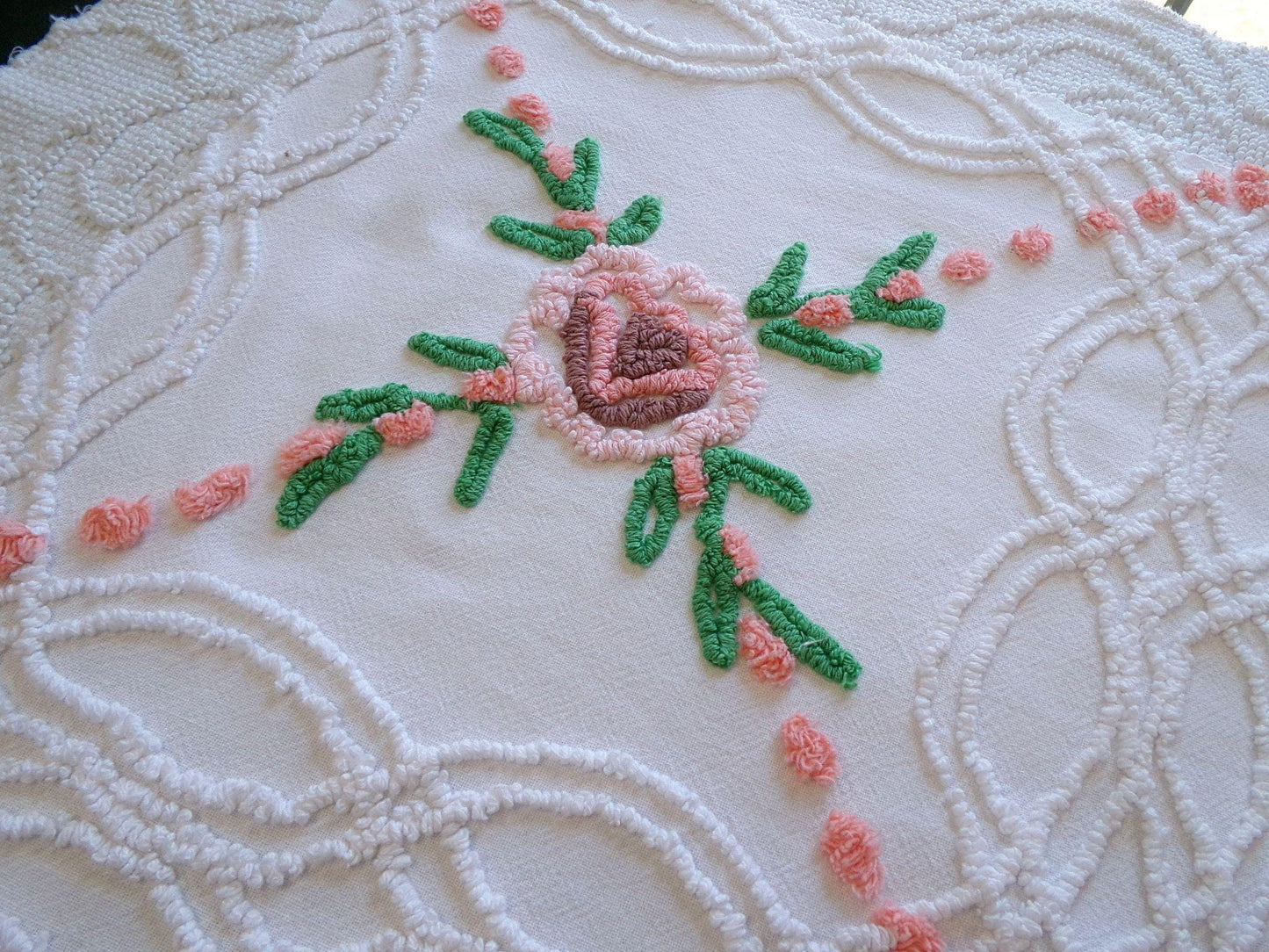 wildflower chenille fabric, vintage floral sewing material on white cotton with peach pops, 23" x 23" piece for handmade quilts & pillows