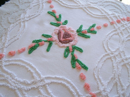 wildflower chenille fabric, vintage floral sewing material on white cotton with peach pops, 23" x 23" piece for handmade quilts & pillows