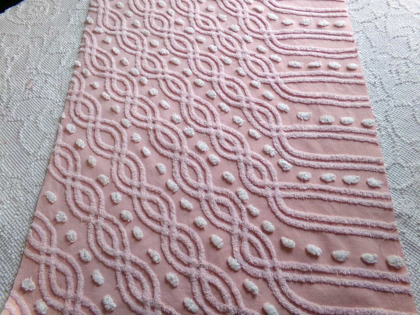 pink eternity link vintage chenille fabric, feminine romantic sewing material for quilts & pillows, 17" x 25" inch piece