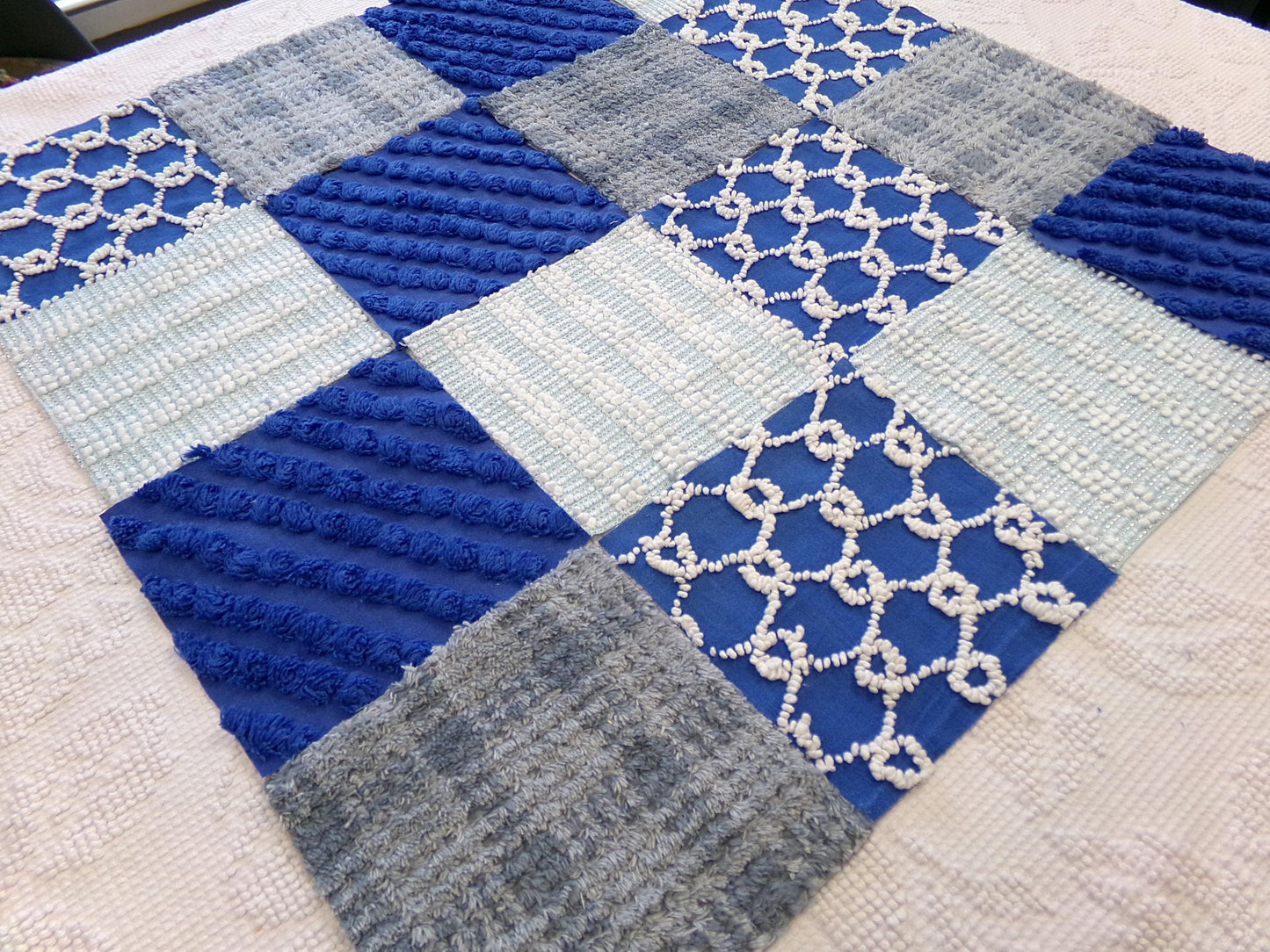 Vintage Chenille Fabric Squares - Set of 16 - Sporty Grey, White & Blue - 6" Quilt Blocks