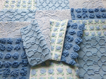 magical moonglow chenille fabric squares, 16 vintage 6" quilt blocks in blue & white, for sewing, crafts, fiber arts