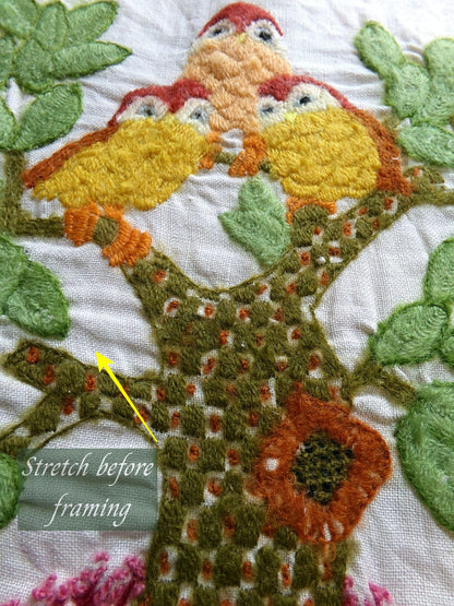 Hippie Fairytale Owl Embroidery Finished 1970s Piece, "Winkin, Blinkin & Nod," Cute Completed Paragon Crewel Stitchery 02236x, 16" x 19"