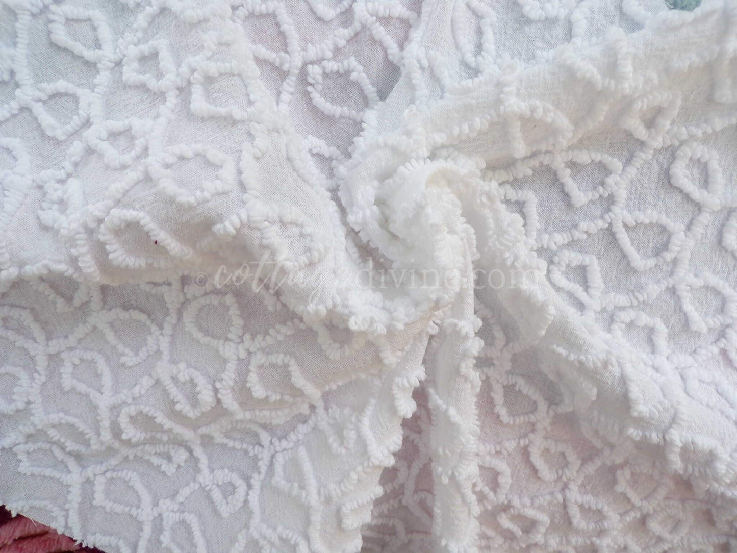 Mini Fabric Bundle, Classic Texture Tuft White, 2 Pieces from Vintage Chenille Bedspreads, 12" x 18" inches each, for Quilts & Crafts