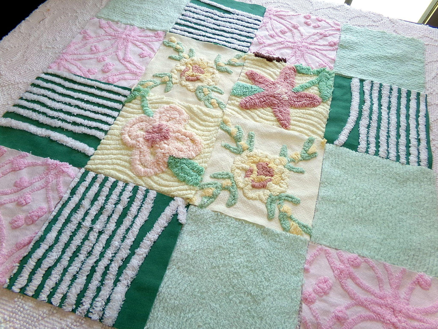 enchanted forest chenille fabric squares, set of 16 vintage craft quilt blocks 6" inches ea, yellow, green, pink & floral patterns