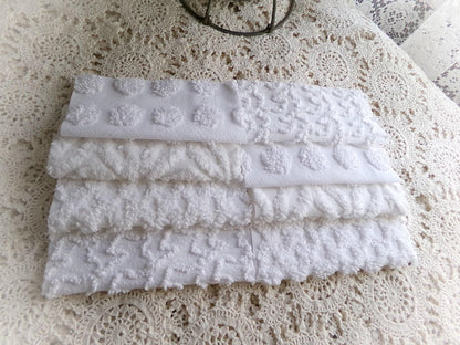 cherub feathers white chenille fabric squares, cut from vintage chenille bedspreads in popular patterns, set of 16 quilt blocks, 6" inch ea