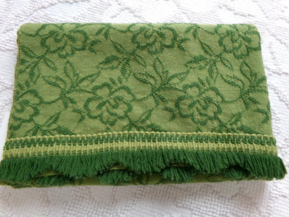 grecian green rose vintage woven fabric, gothic floral design w/ scallop fringe trim edge, 19" x 24" cut piece great for small bags