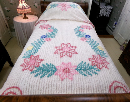 Vintage Twin Chenille Bedspread w/ Pink Star Lilies, Botanical Leaves on Cream Tufted Cotton