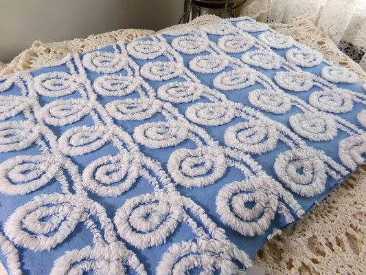 White & Blue Chenille Fabric, Soft Curlicue Swirls, 18" x 26" inch Piece, Vintage Cotton Material for Quilting, Crafts