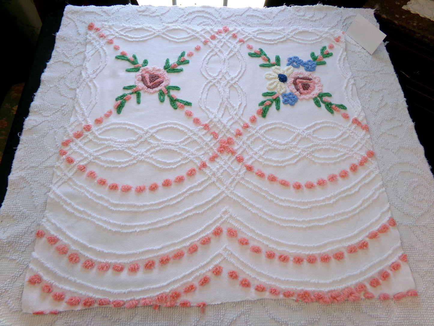 wildflower chenille fabric, vintage floral sewing material on white cotton with peach pops, 23" x 23" piece for handmade quilts & pillows