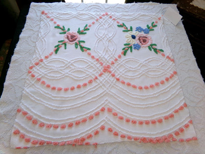 wildflower chenille fabric, vintage floral sewing material on white cotton with peach pops, 23" x 23" piece for handmade quilts & pillows