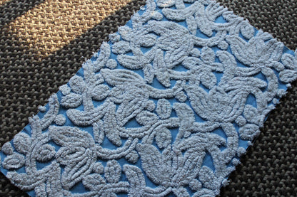 Plush Tufted Tulips Vintage Chenille Fabric, Sky Blue & White, 20" x 31" Inch Piece, Beautiful in Quilts, Pillows