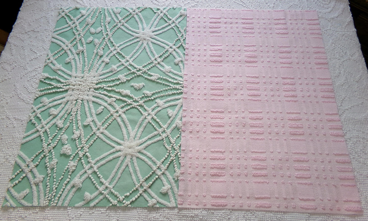 Vintage Chenille Fabric: 2 Pieces Quilt Material 12" x 18" each in Jade Green Tufts & Ballet Pink Dash Dots