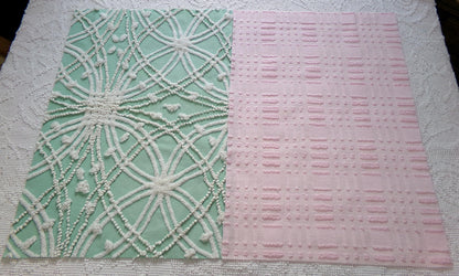Vintage Chenille Fabric: 2 Pieces Quilt Material 12" x 18" each in Jade Green Tufts & Ballet Pink Dash Dots