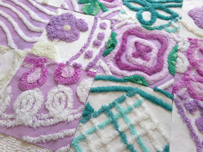 vintage chenille fabric squares: set of 16 lavender & lilacs, teal white cotton 6" quilt blocks