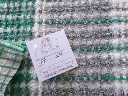 Plaid Vintage Chenille Fabric, Kelly Green & Dove Grey, 17" x 24" inch Piece for Sewing, Crafts, Quilting