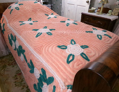 white roses in autumn vintage chenille bedspread, lovely peach glow cotton full size shabby chic bedding