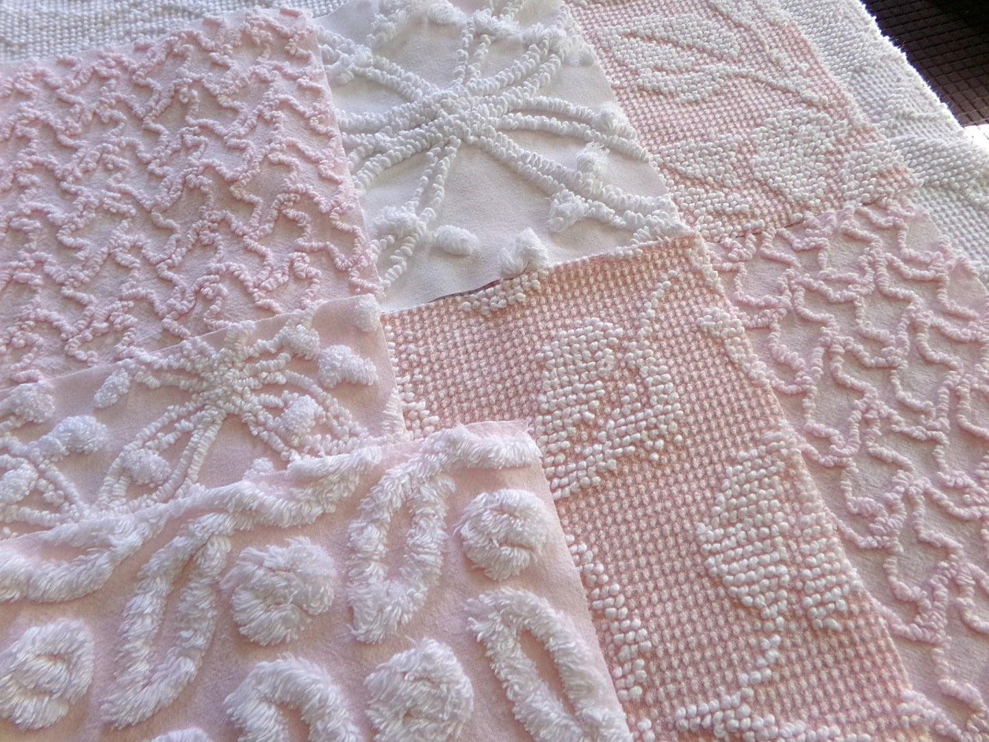 vintage chenille fabric squares in classic feminine pink & white textures, 7.5" vintage fabric blocks, set of 9 for sewing, crafts, quilts