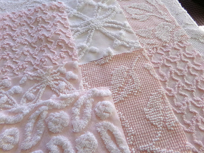 vintage chenille fabric squares in classic feminine pink & white textures, 7.5" vintage fabric blocks, set of 9 for sewing, crafts, quilts
