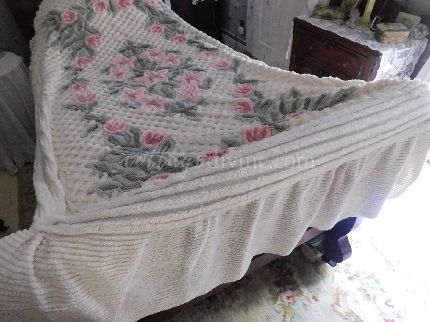 vintage chenille bedspread in a lush garden of pink lilies, buttercream twin size bedding, fitted design with ruffle skirt