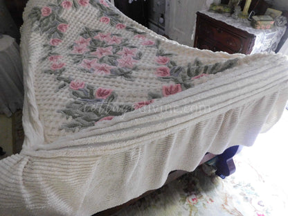 vintage chenille bedspread in a lush garden of pink lilies, buttercream twin size bedding, fitted design with ruffle skirt