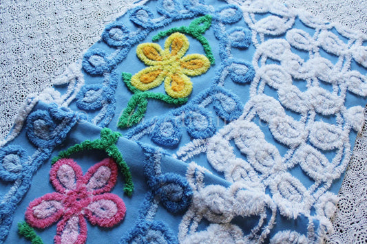 Sky Blue Swirls Vintage Style Chenille Fabric, 16" x 28" Inch Floral Piece, White Curlicues