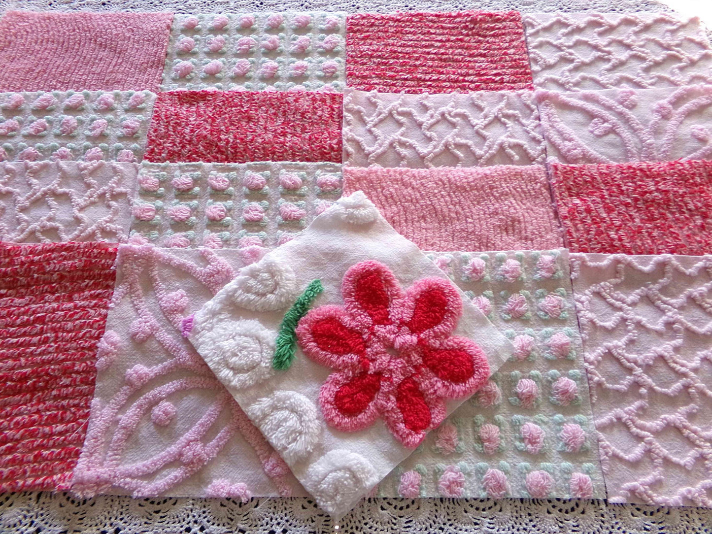 Sweet Kisses Chenille Fabric Squares Set in Pink, Red, White, 17 Blocks, 6" inch ea, Great Range of Textures & a Pretty Flower Block
