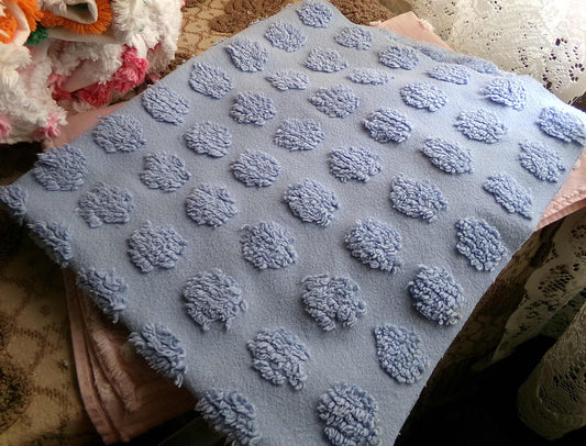 big blue coin pops chenille fabric, vintage style dots on serene blue cotton, 21" x 24" piece of sewing material for crafts & quilting