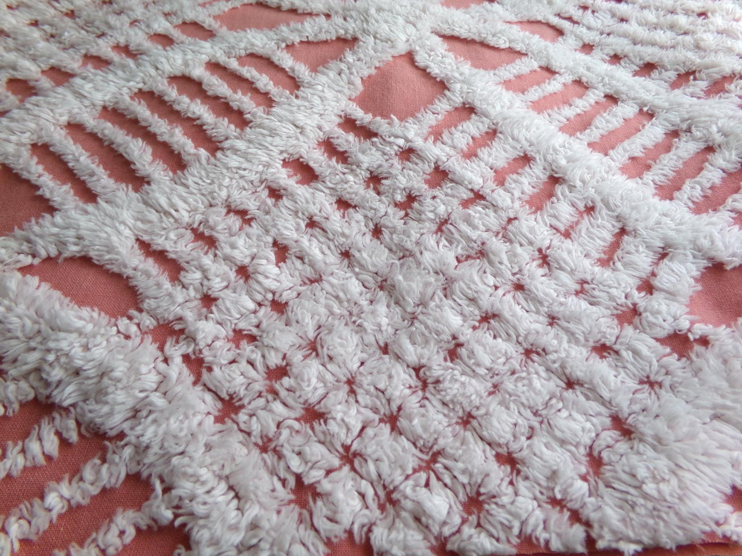 Unique Terracotta Rose Vintage Chenille Fabric, 29" x 27" Inch Piece, White Geometric Designs
