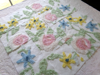 vintage chenille fabric squares, "bursting with flowers" set of 16 floral 6" quilt blocks for quilting, crafts, sewing