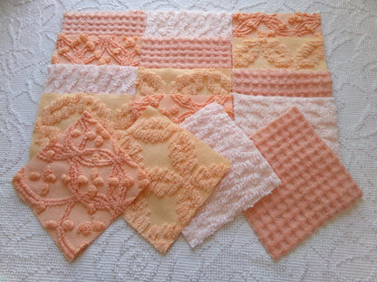 bliss peach chenille fabric squares, set of 16 vintage craft quilt blocks 6" inches, geometric designs for quilt inlays, pillows, fiber arts