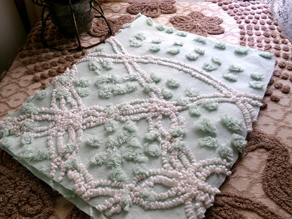 Creamy Mint Green Vintage Chenille Fabric, 20" x 13" inch Piece, White Wedding Ring & Dot Design, Great for Handmade Quilts, Crafts