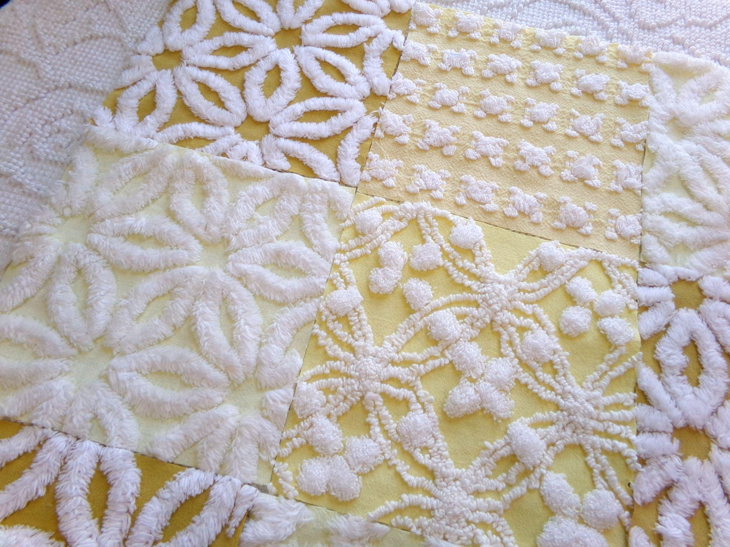 boho sunshine chenille fabric squares, set of 16 vintage quilt blocks 6" ea, natural sunrise yellow, white rosebud, golden harvest daisy