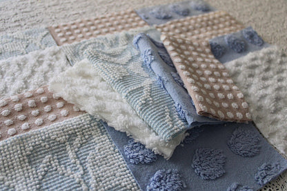 Serene Shores Vintage Chenille Fabric Squares, Blue, White & Sand Craft Square Set, 16 Blocks, 6" x 6" inch, Modern Chic