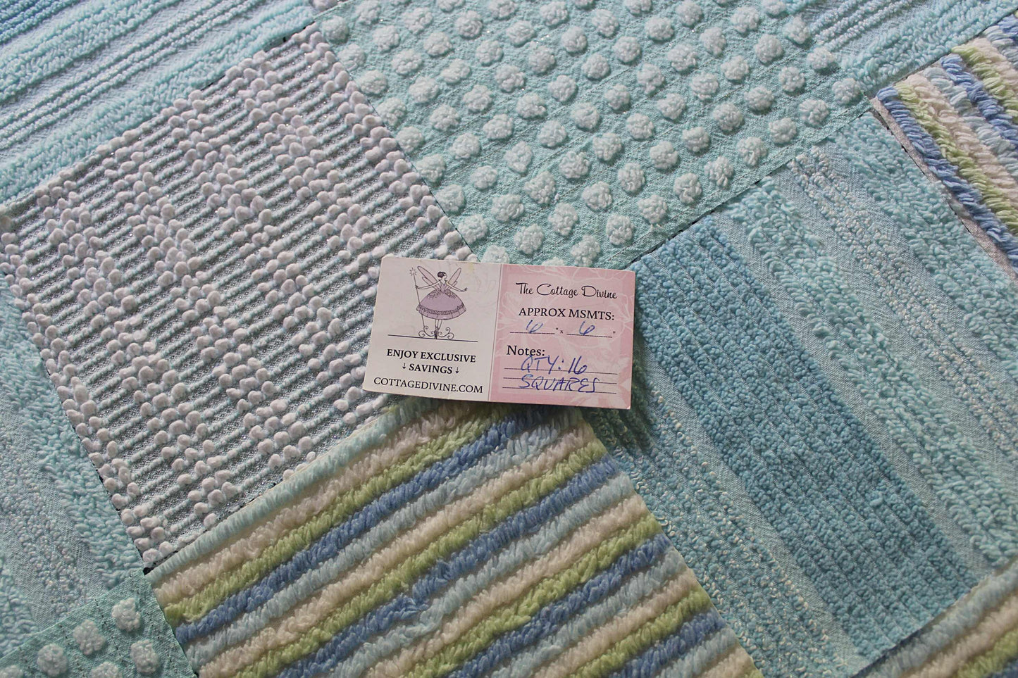 Sea Mist Chenille Quilt Squares Set, from Vintage Bedspread Fabric, 17 Blocks, 6" inch in Coastal Blues, Aqua