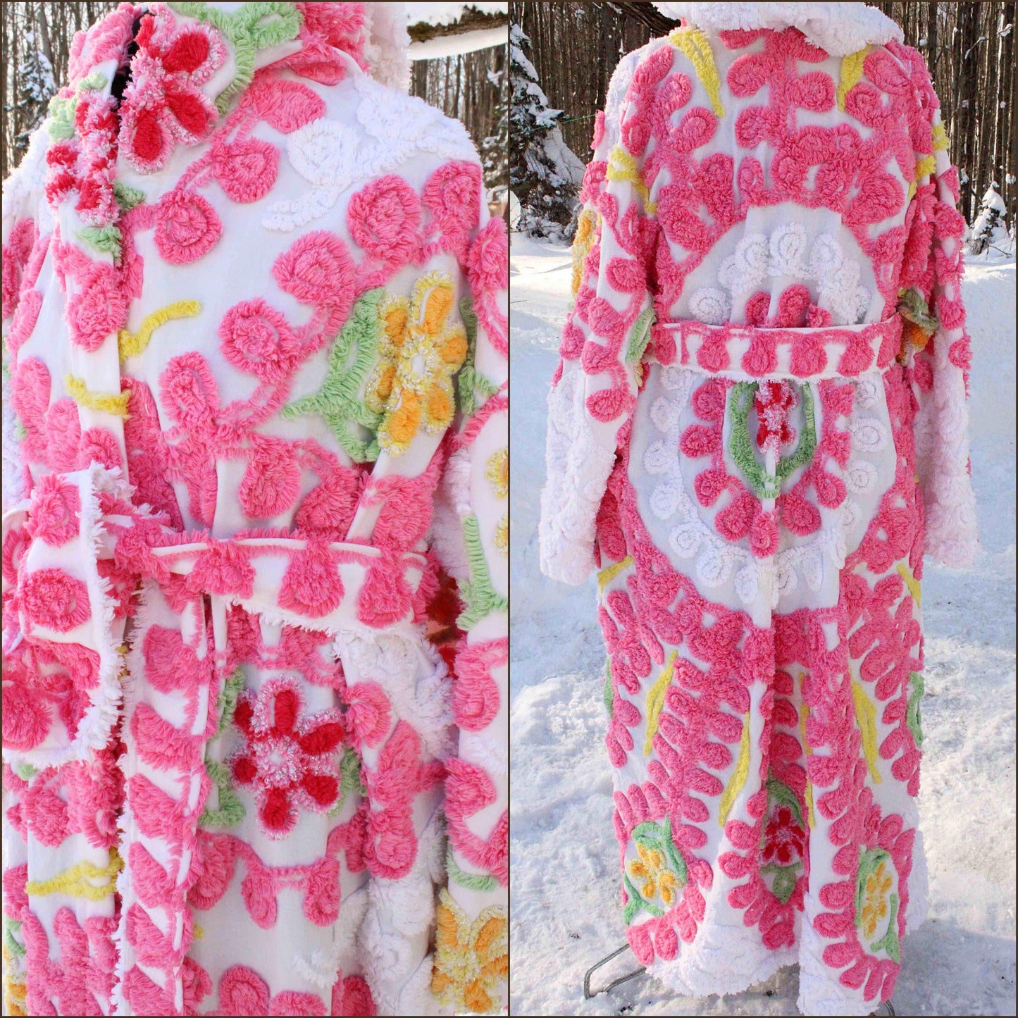 Pink Burst Chenille Robe with Sparkle Flowers, Medium / Large Hooded Vintage Style Women's Bathrobe