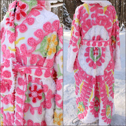 Pink Burst Chenille Robe with Sparkle Flowers, Medium / Large Hooded Vintage Style Women's Bathrobe