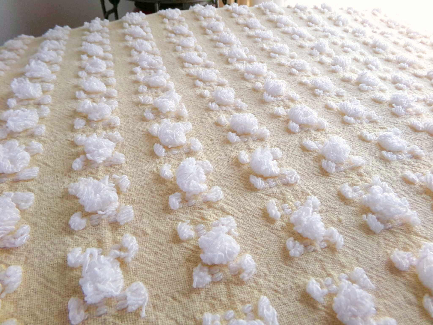 Buttercup Yellow White Rosebud Vintage Chenille Fabric, Cottage Style Tufted Roses, 12" x 24" inch Piece