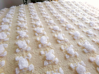 Buttercup Yellow White Rosebud Vintage Chenille Fabric, Cottage Style Tufted Roses, 12" x 24" inch Piece