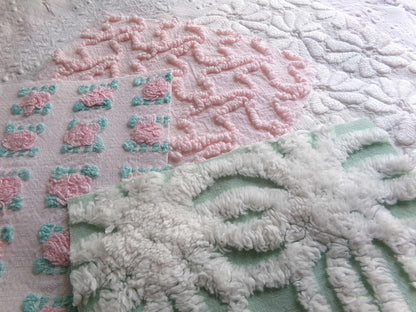 Chenille Squares Set, "Summer Bliss," 16 Vintage Fabric Quilt Blocks, 6" inch in White Daisy, Pink Rosebud, Mint Green, Squiggles