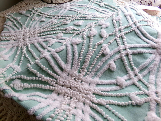 chic jade green vintage chenille fabric, white spider web design, 20" x 26" inch piece for quilting material & sewing