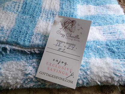 Cuddly Vintage Chenille Fabric in Cozy Blue & White Gingham Country Plaid, 18" x 24" inch Piece, Soft Plush Cotton Blend