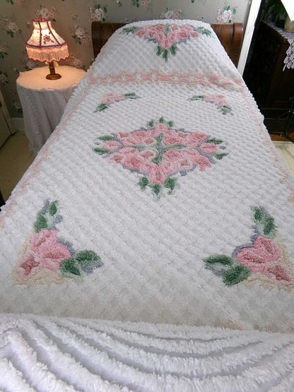 Plush Luxury Pink Rose Vintage White Chenille Bedspread, 100% Cotton, Twin Size