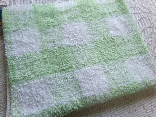 cozy cuddly green gingham vintage terry chenille fabric, great plaid design on white, soft plush cotton blend 20" x 24" piece sewing fabric