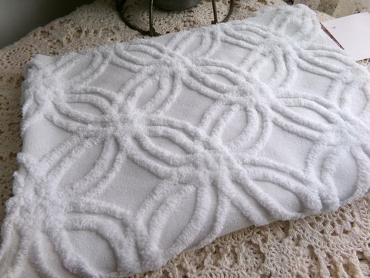 versatile white vintage chenille fabric, classic wedding ring design, 15.5" x 23" inch piece of sewing material for quilts, crafts